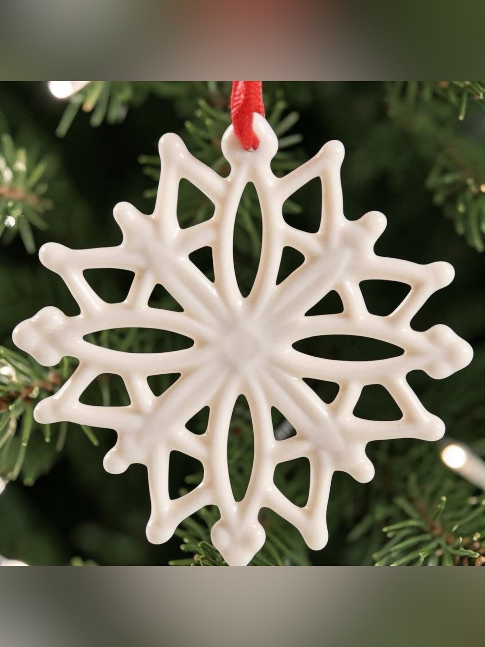 Lenox Cream Snowflake Ceramic Ornament with Red Ribbon Retired